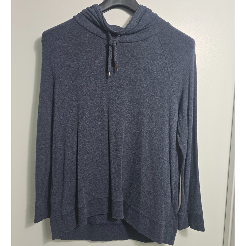 Lou & Grey Women's Hooded Sweater XL Blue Knit Drawstring High‑Low Hem